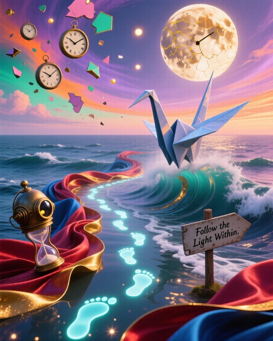 An ocean whose waves are made of drifting silk ribbons stretches endlessly beneath a sky of shifting colors, while a trail of glowing footprints marks a path forward.