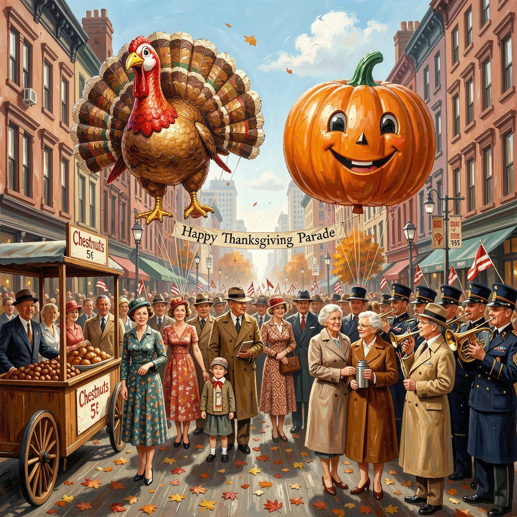 A bustling Thanksgiving parade shows giant character balloons floating above cheering crowds lining a city street, small cultural details woven throughout the scene, grounding it in a specific time and place.