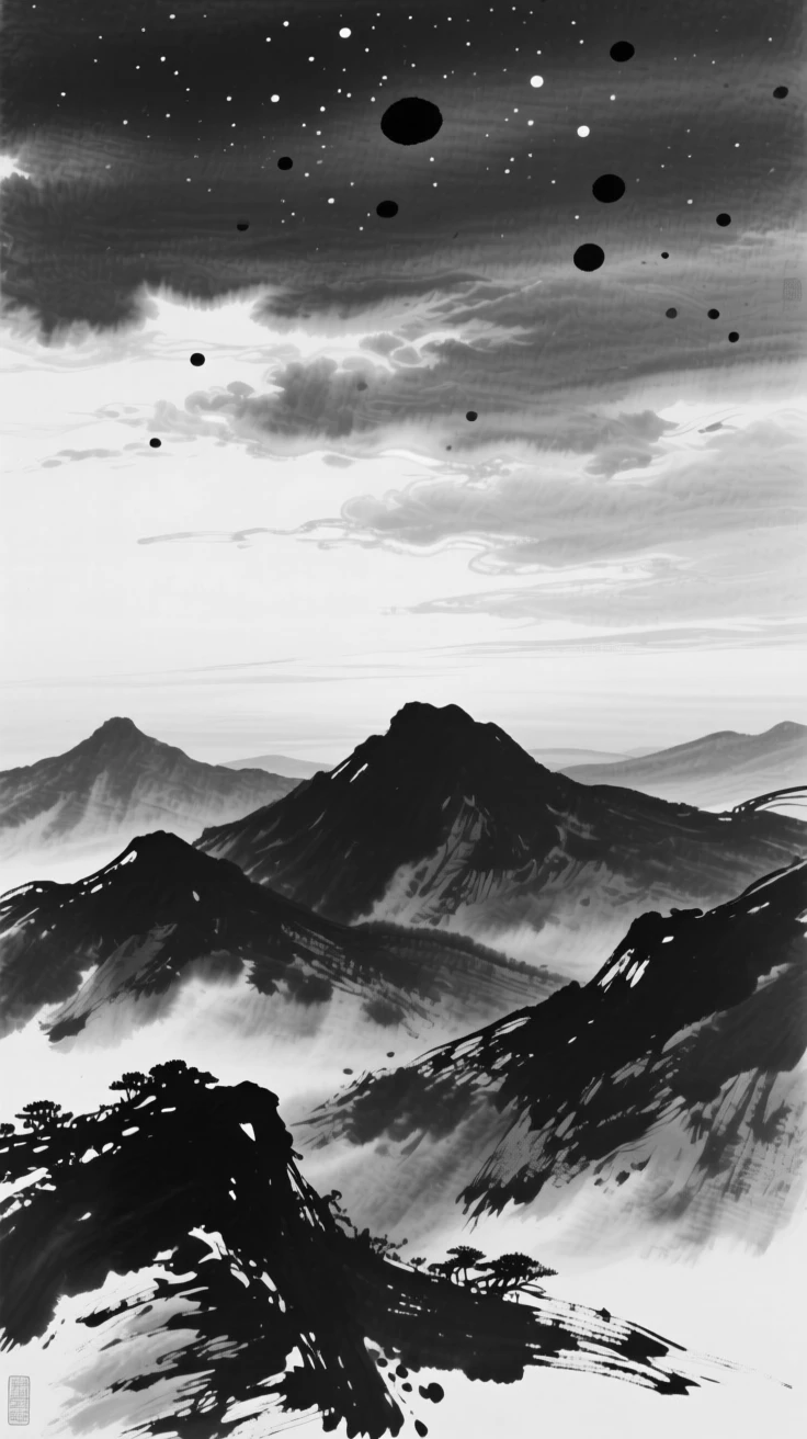 Streaks of golden light break through parting clouds over a mountain range, as the first stars begin to appear overhead.