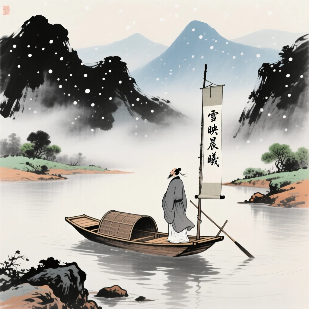 A poet standing at the prow of a small boat gazing at distant peaks, as morning mist begins to lift, beneath softly falling snow.