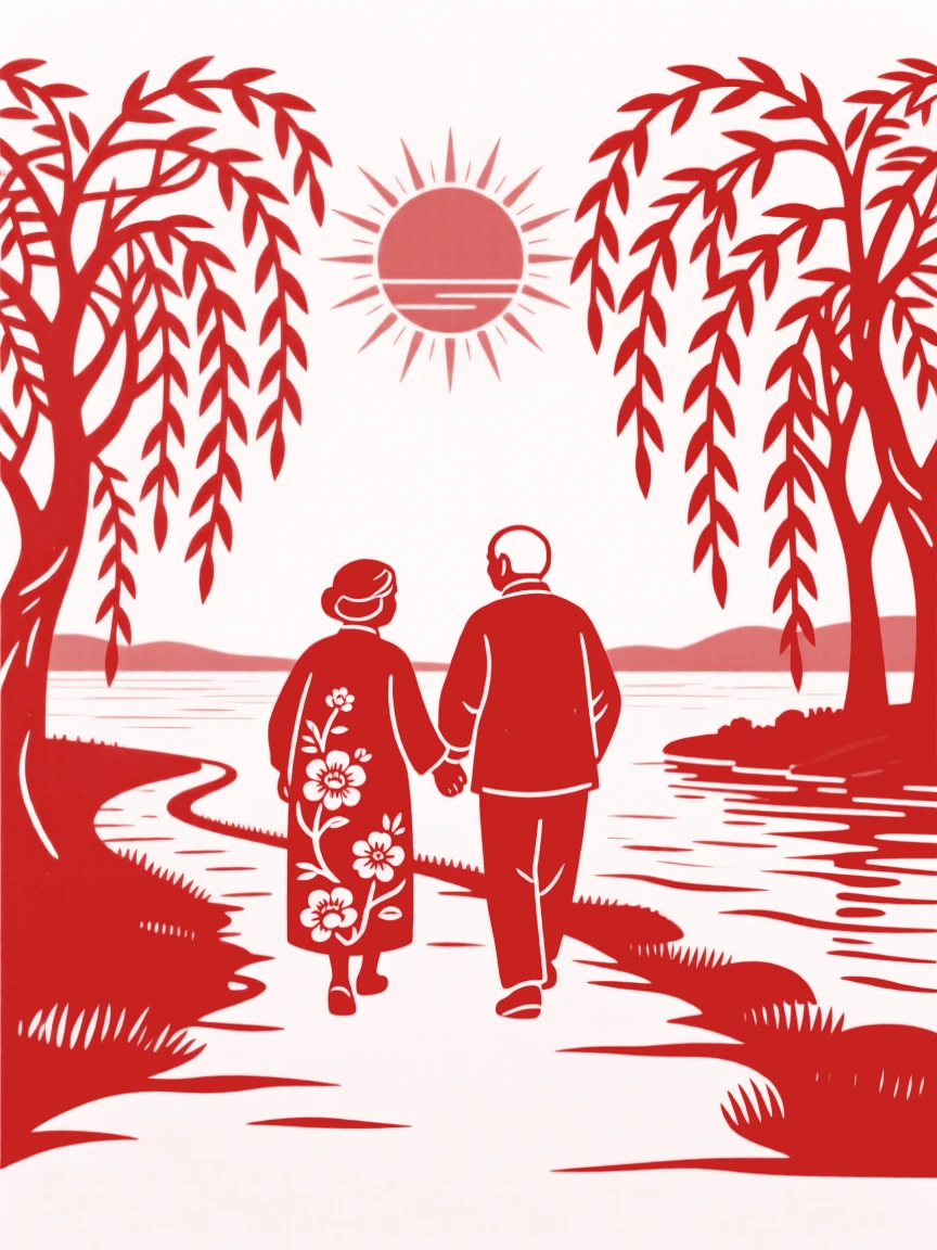 An elderly couple walking hand in hand along a riverside path lined with willow trees at sunset