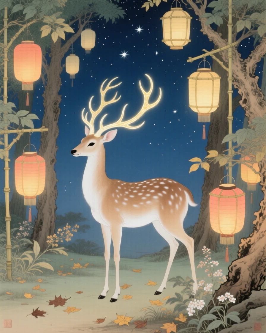 A starlit deer-like beast with softly glowing antlers through a forest of glowing lanterns