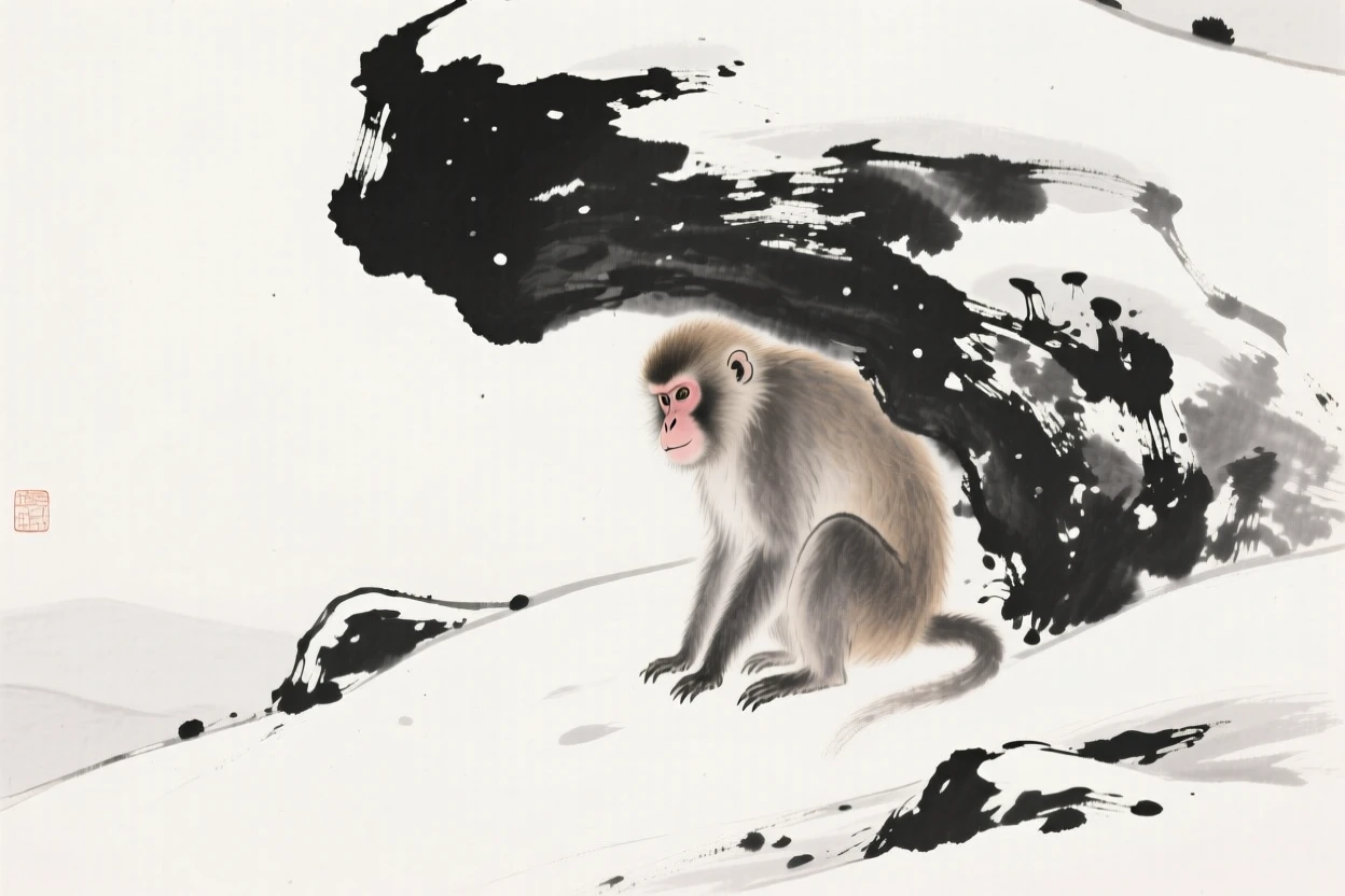 A monkey sheltering beneath overhanging rock on a snow-covered hillside, seen from a respectful distance within its natural surroundings, capturing a fleeting, tender moment of wild life.