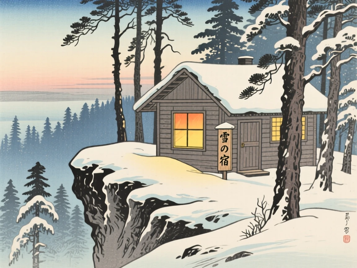 A warm glow spilling from a lone window in a snowy forest, atop an exposed rocky ridge.