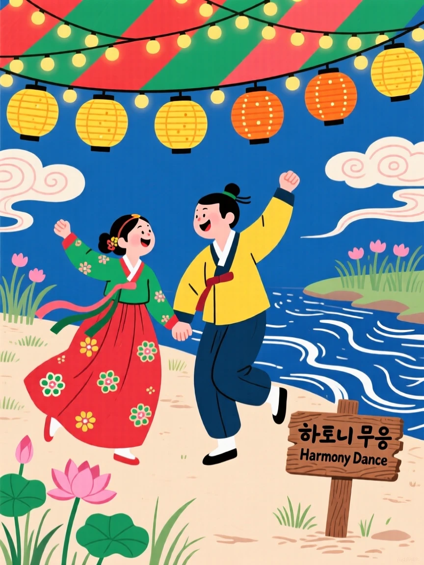 A couple dancing together beneath a canopy of string lights beside a gently flowing river.