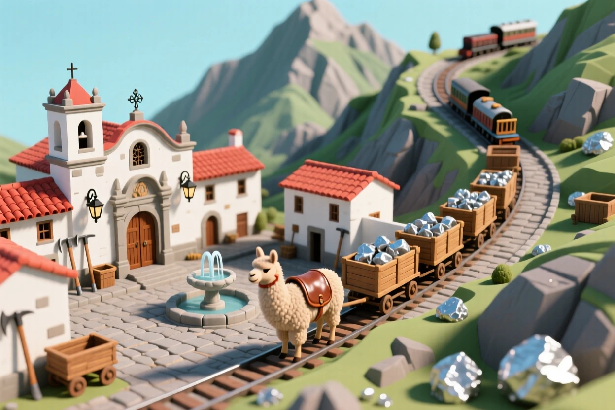 A colonial Peruvian silver mining town nestled in the Andes, llama trains carrying ore down a winding mountain path.