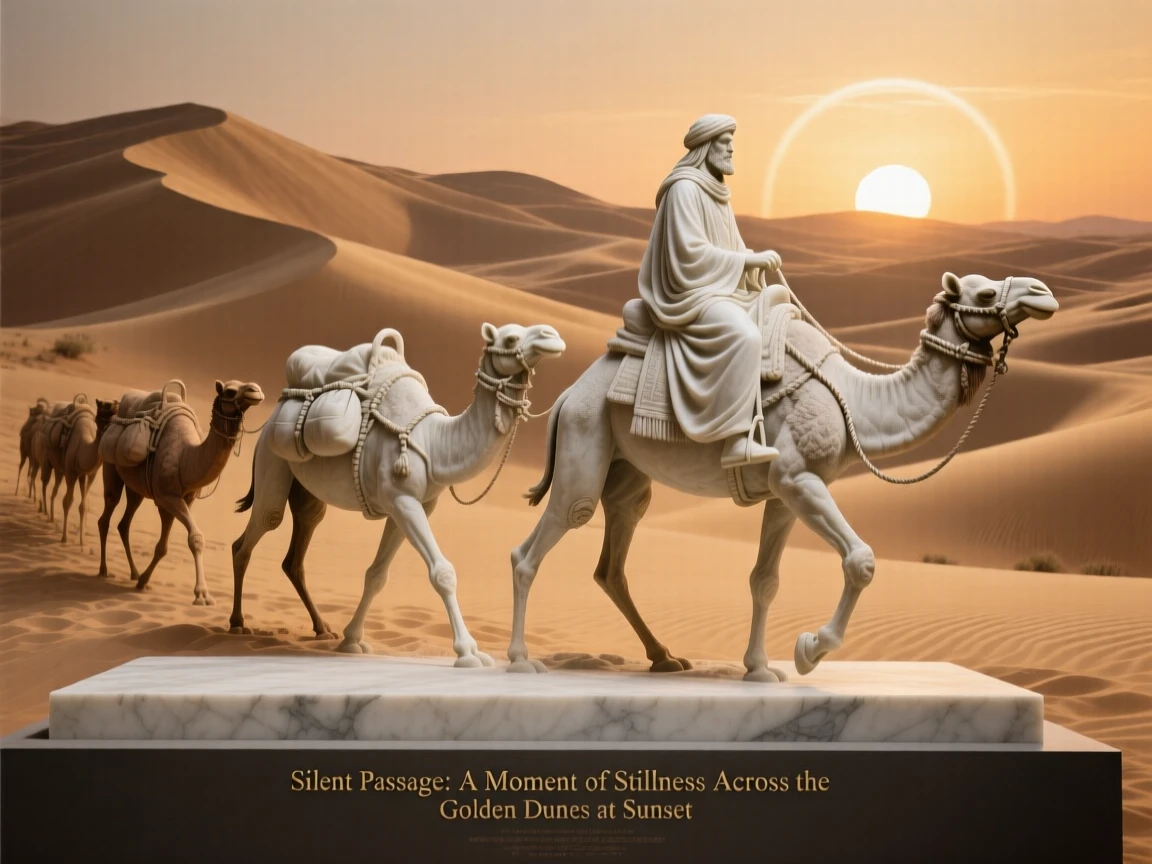 An evocative depiction of a caravan crossing golden desert dunes at sunset, in a moment of quiet stillness, balancing detail with emotional depth