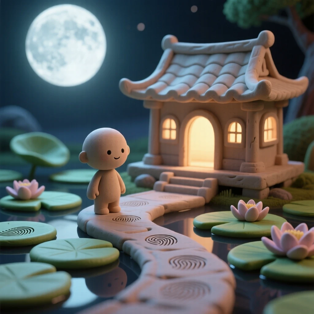 A pathway of lily pads leading toward a glowing moonlit temple