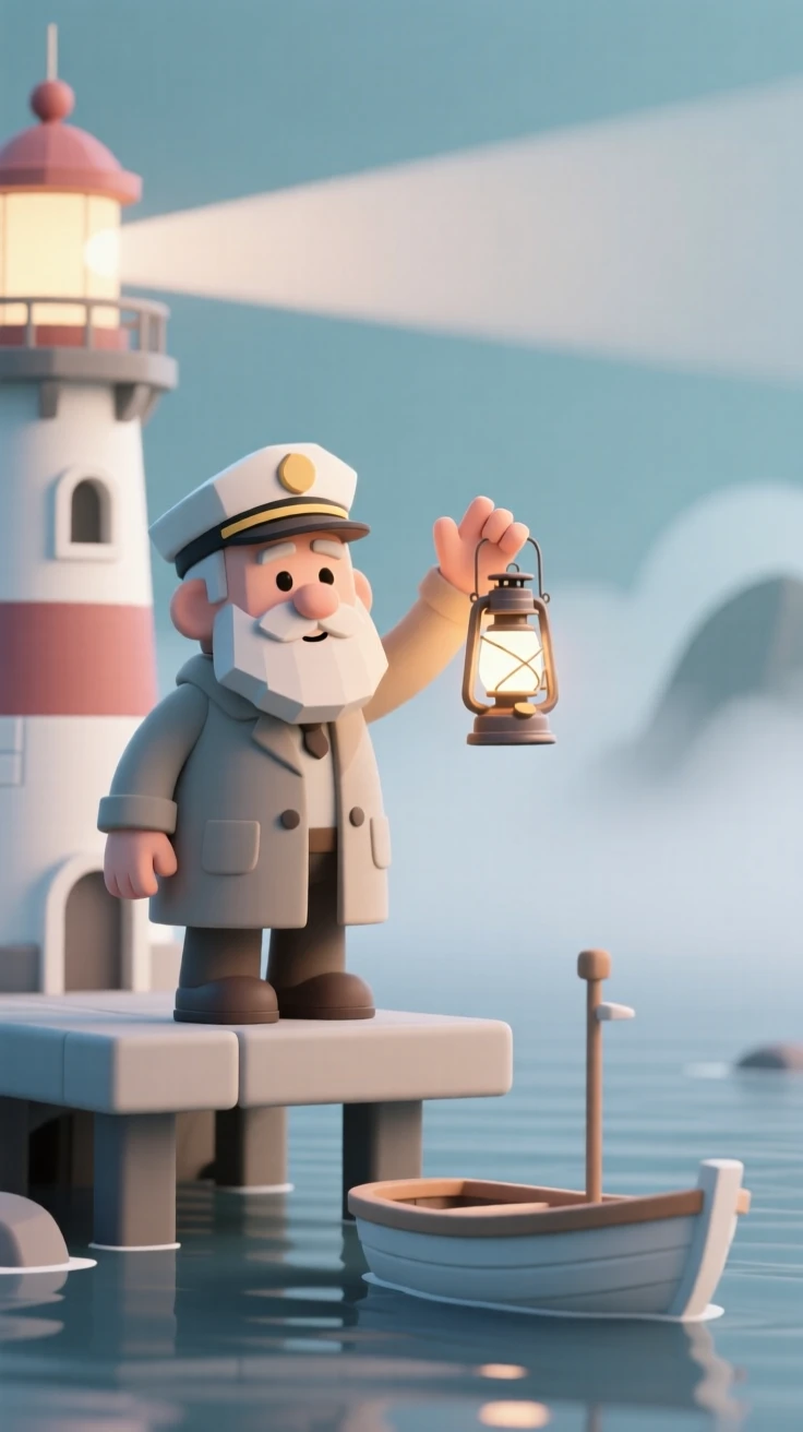 A gentle old lighthouse keeper waves a lantern in the fog, guiding a small boat safely to harbor.