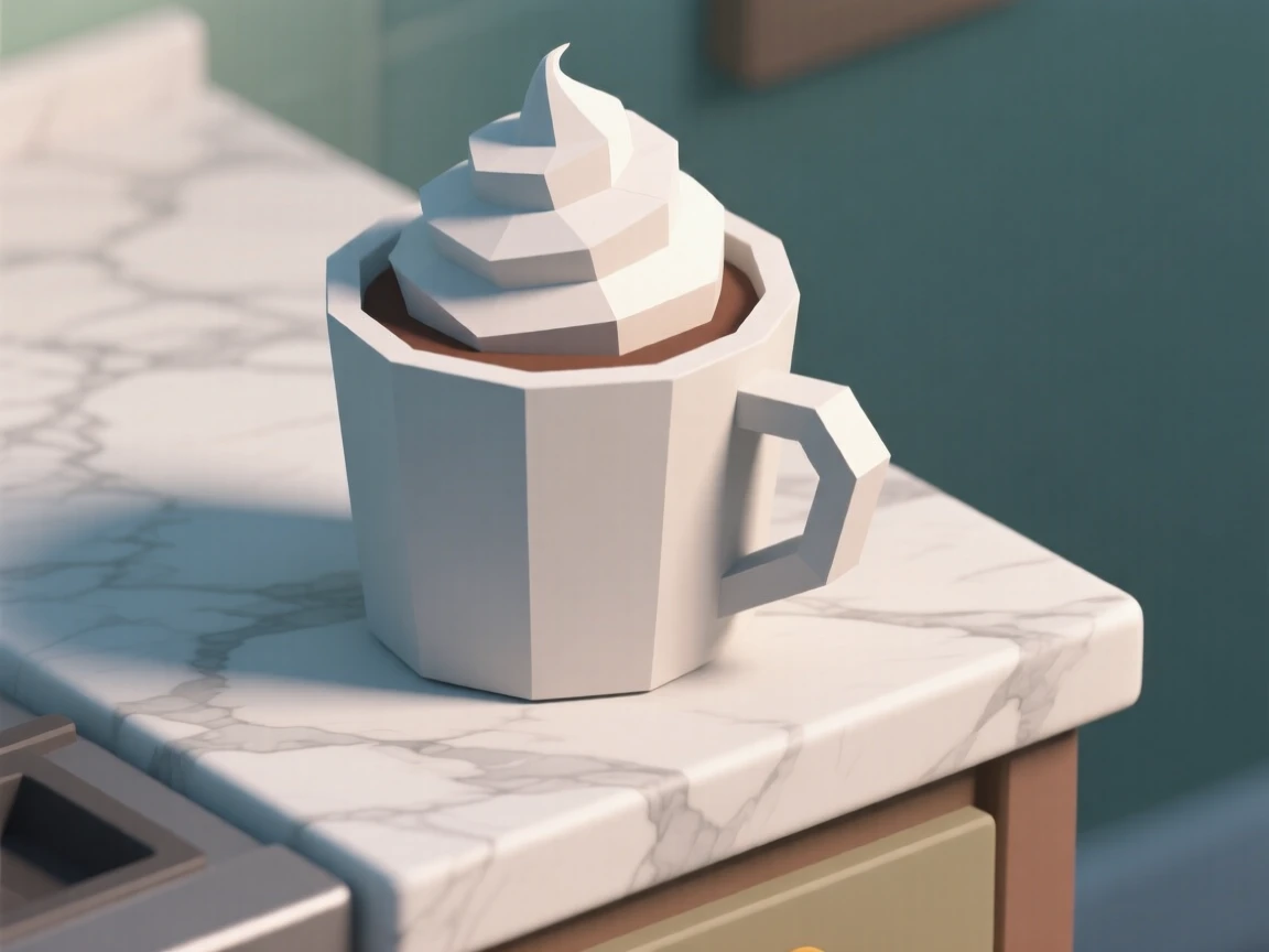 A cup of hot cocoa topped with whipped cream, on a marble countertop. vibrant colors are enhanced by careful arrangement. It captures a simple, joyful moment.