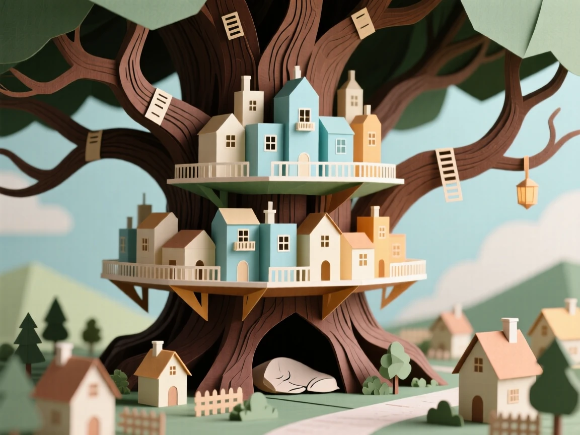 A city nestled within a massive tree drifting silently over a sleeping village, with soft golden light spilling outward, capturing quiet, enchanting mystery.