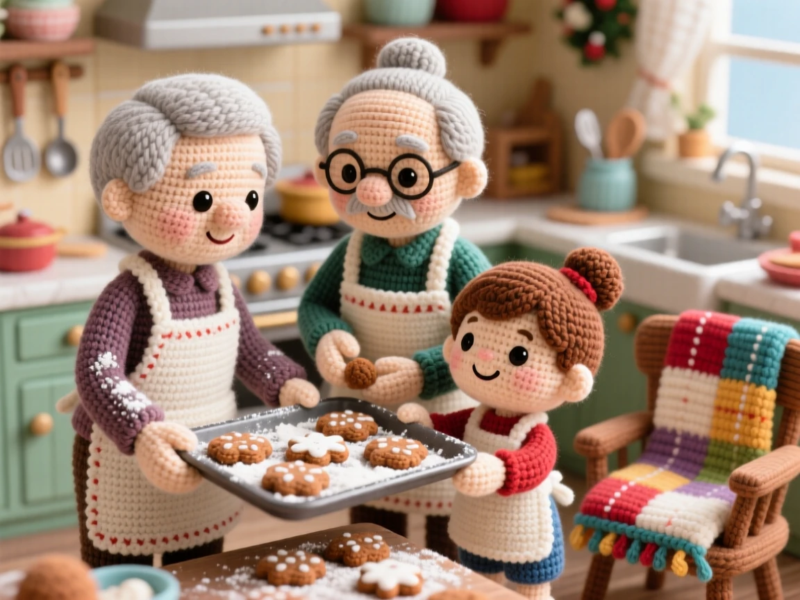 grandparents and grandchildren making holiday cookies together, with flour dusted on every apron, is captured decorating a tray fresh from the oven in a bustling family kitchen on a weekend morning beside a warm quilt draped over a nearby chair, showing deep, unconditional love and togetherness.
