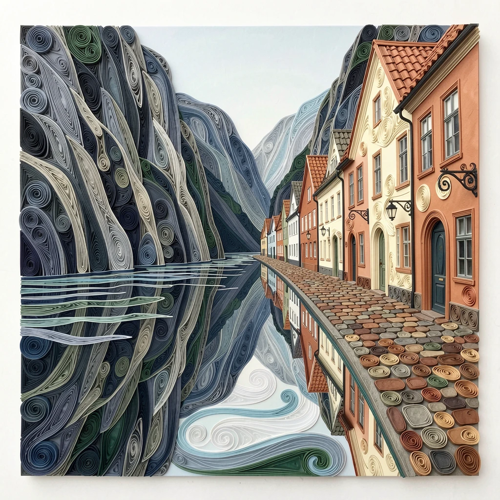 A breathtaking view of a Norwegian fjord flanked by towering cliffs beside a quiet cobblestone street, in warm terracotta and cream architectural tones, shown reflected symmetrically in calm water below.
