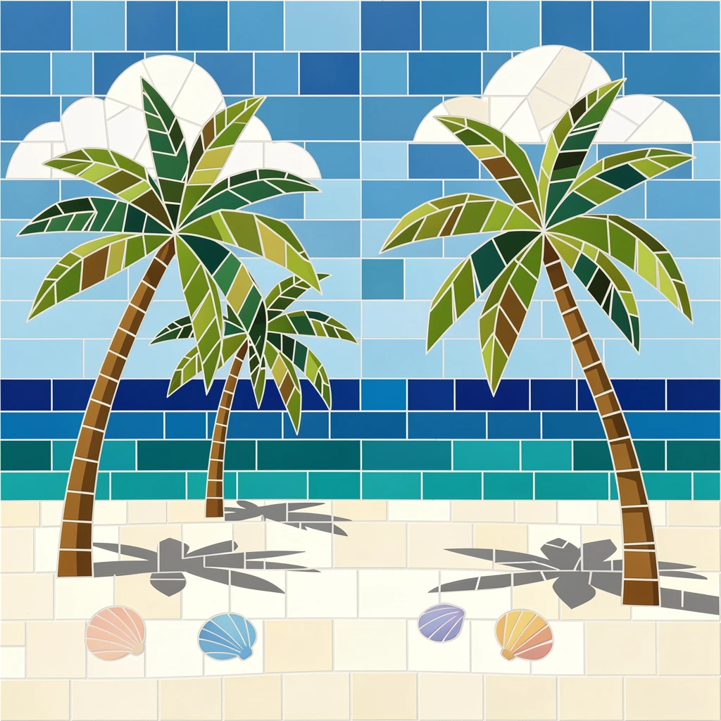 A tropical island beach with white sand and gently swaying palm trees.