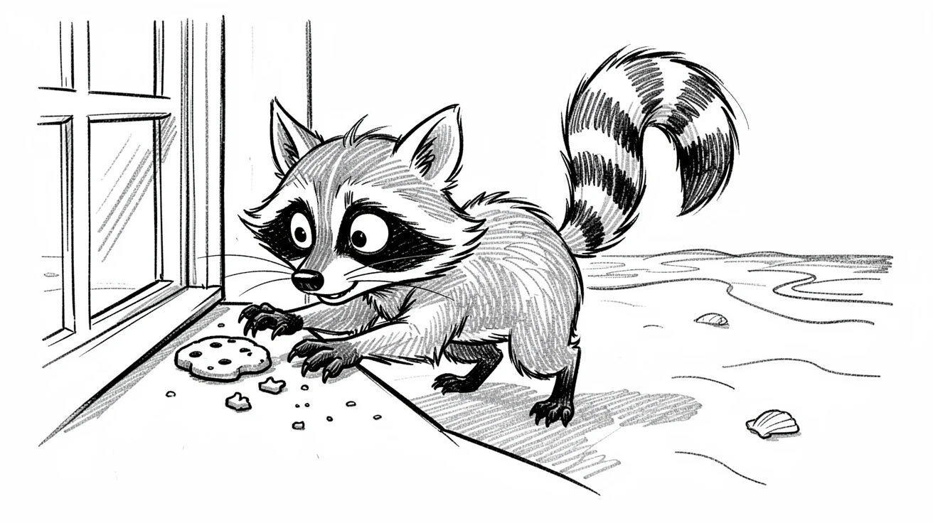 A raccoon sneaking cookies from a windowsill beside a sandy beach.