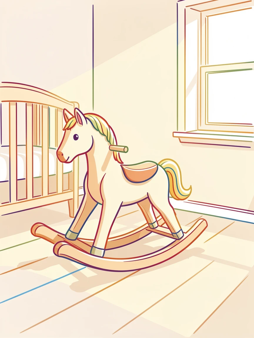 A single wooden rocking horse resting in a sunlit nursery corner.