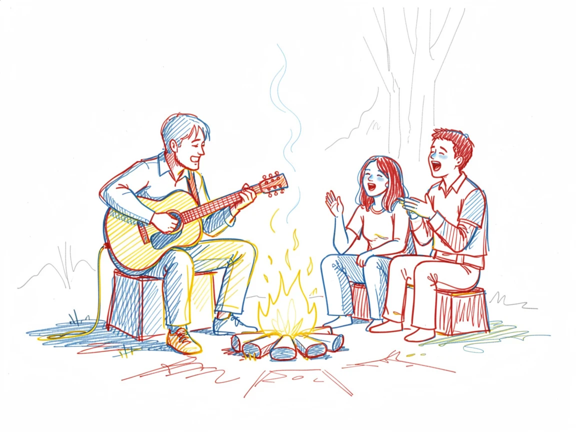 A guitarist strumming beside a campfire as friends sing along