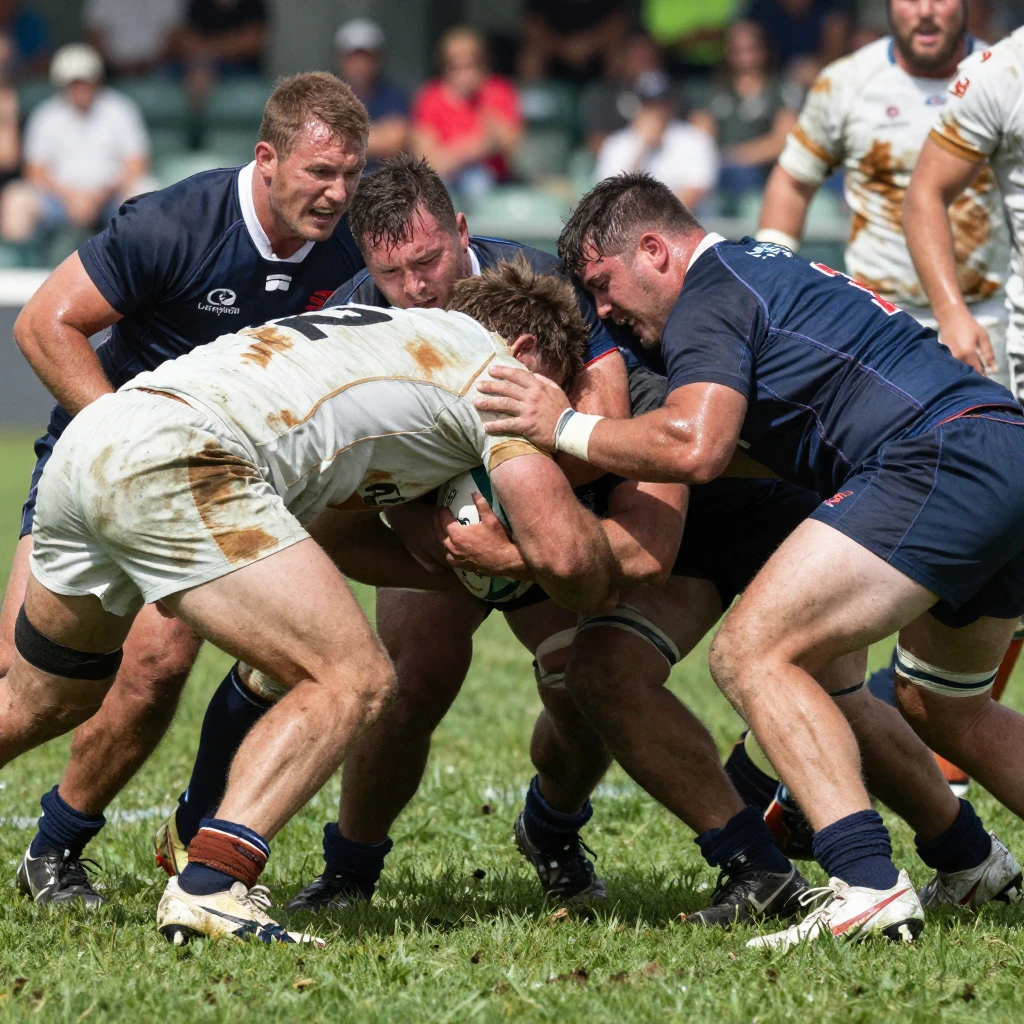 A rugby scrum locked in fierce competition