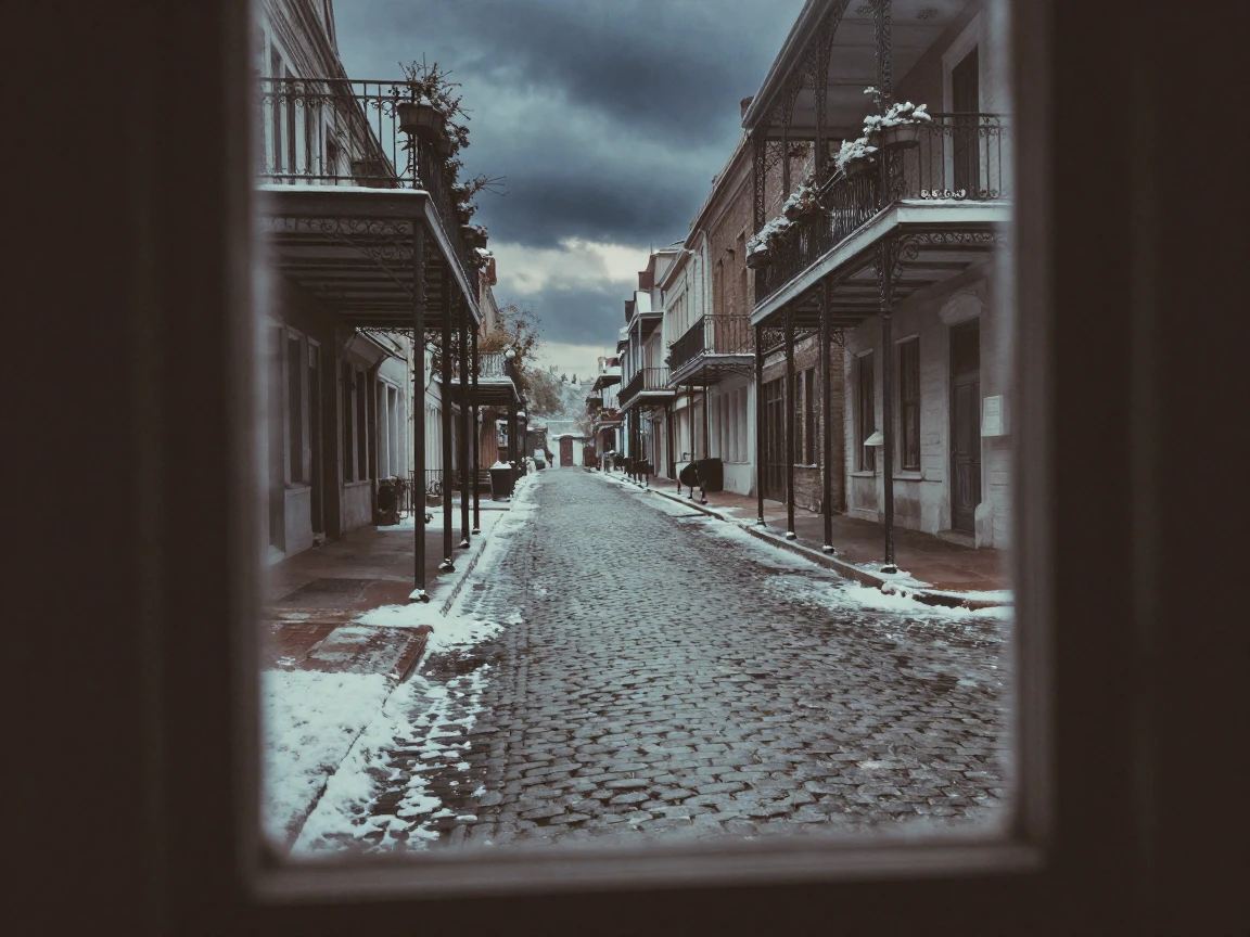 A narrow cobblestone street lined with wrought-iron balconies, in soft window light, under a darkening storm sky, under the first snow of winter, in cool blues and silvery greys, viewed from across the room.