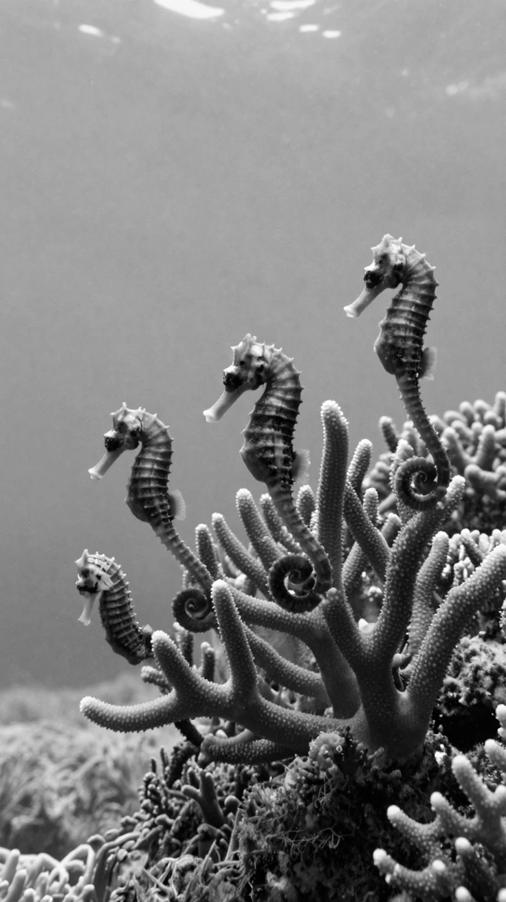 A colony of seahorses drifts among swaying coral branches within a calm lagoon.