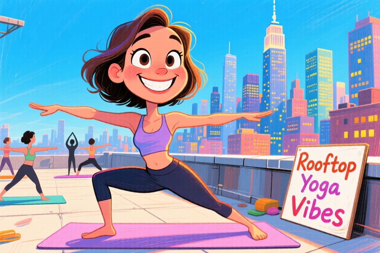 A woman posing confidently at a rooftop yoga class overlooking the city skyline.