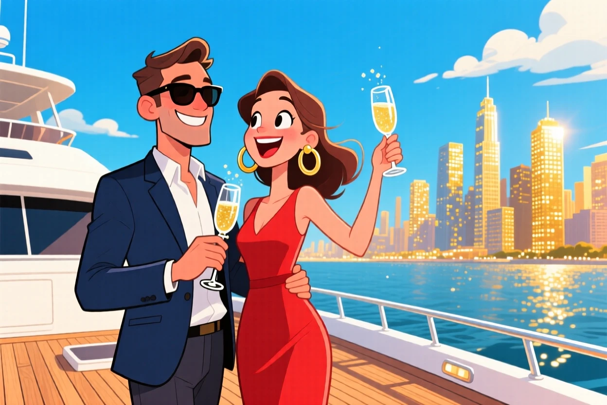 An aspirational lifestyle scene of a well-dressed couple sipping champagne on a sun-drenched yacht deck, as the city skyline glitters below.