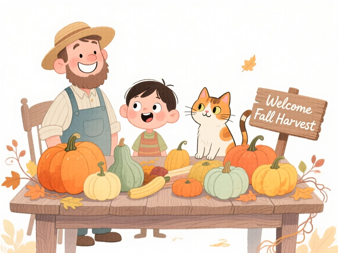 A charming seasonal scene of a rustic autumn harvest table with pumpkins and gourds