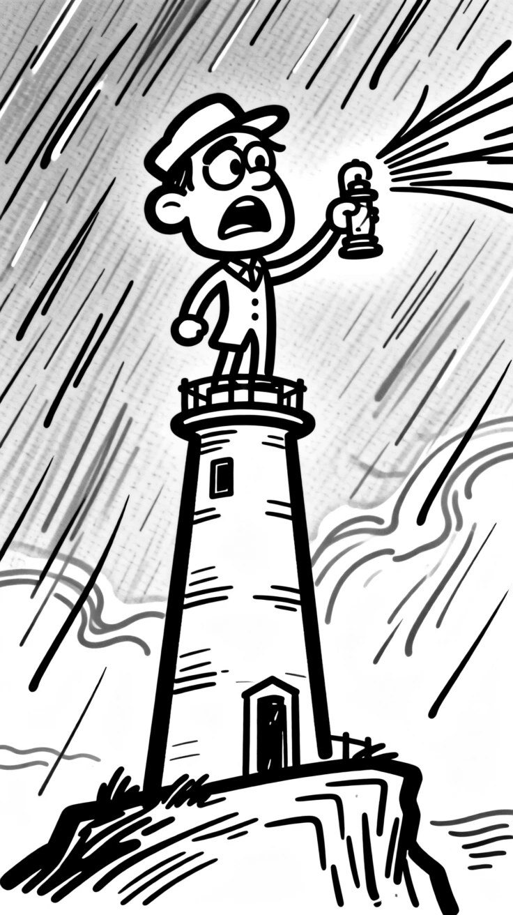 A lighthouse keeper waving a lantern from a clifftop tower during a stormy night.