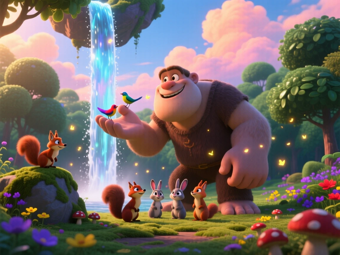 A friendly giant stands beside a waterfall that flows upward into the sky, whispering to woodland creatures gathered nearby. A quiet magic hums softly throughout the scene, with small creatures peeking out curiously nearby.