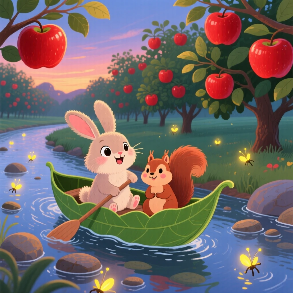 Near an apple orchard, a floppy-eared rabbit is riding a leaf boat down a stream alongside a small woodland friend, while fireflies begin to glow.
