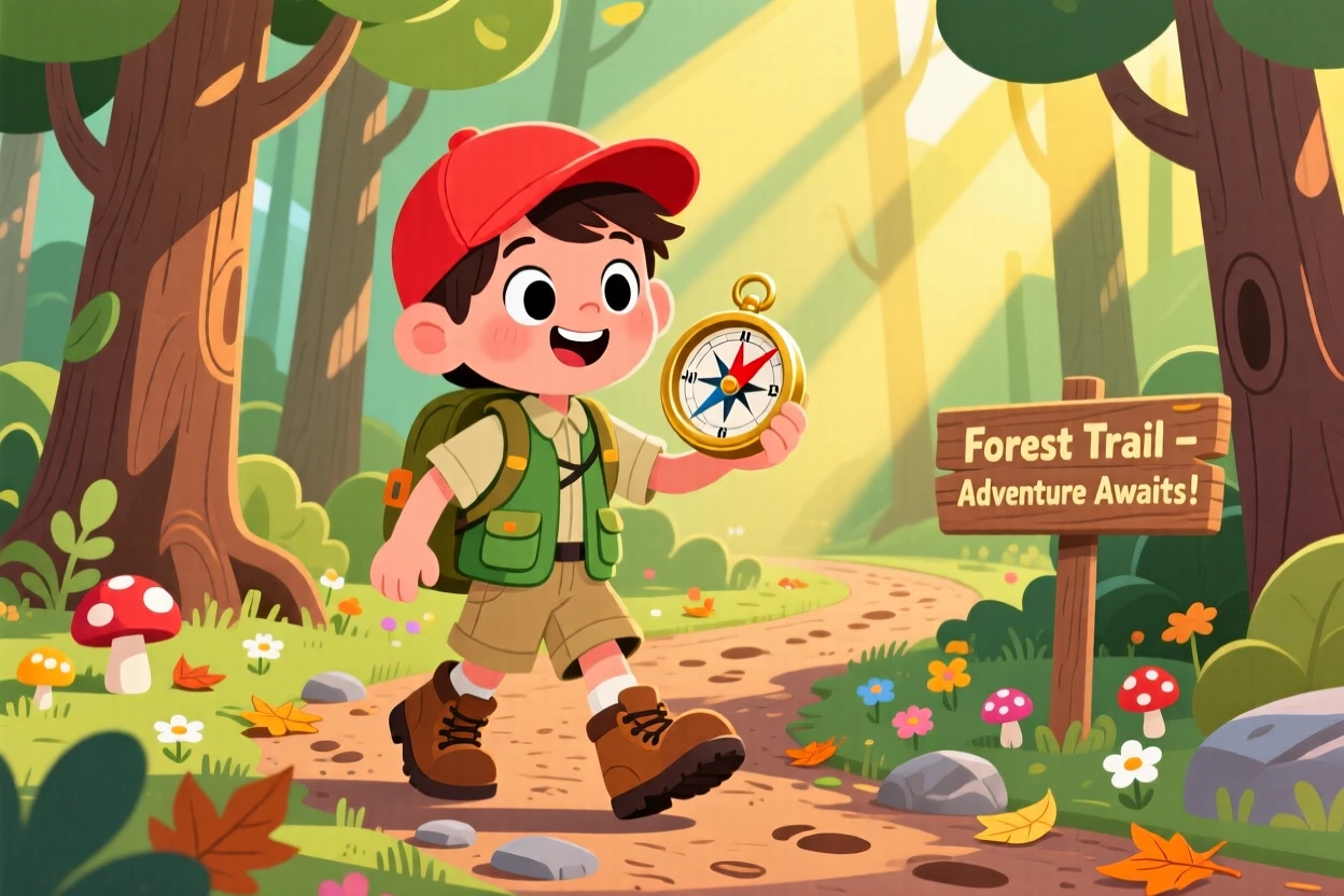 A young explorer using a compass to find their way through a forest trail.