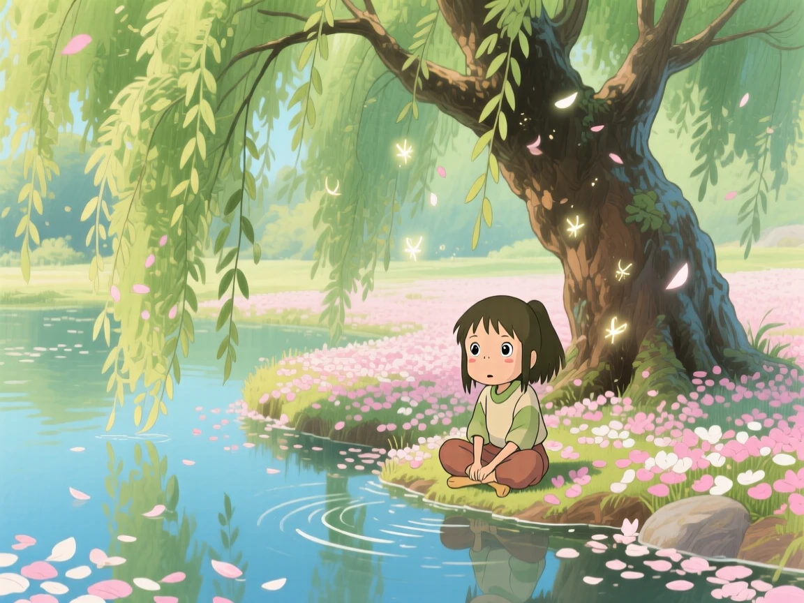 A willow tree draping its branches over a quiet pond, a carpet of fallen petals covering the ground, creating a scene of quiet natural magic.