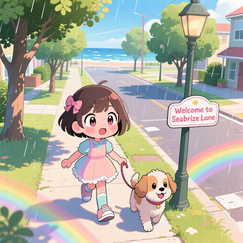 A young girl walking the family dog around the block, framed as a high aerial view within a tree-lined neighborhood street, on a breezy coastal afternoon, glowing under bright rainbow-tinted light, evoking gentle surprise.