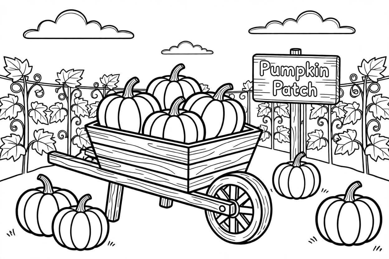 A pumpkin patch with a wheelbarrow full of orange pumpkins