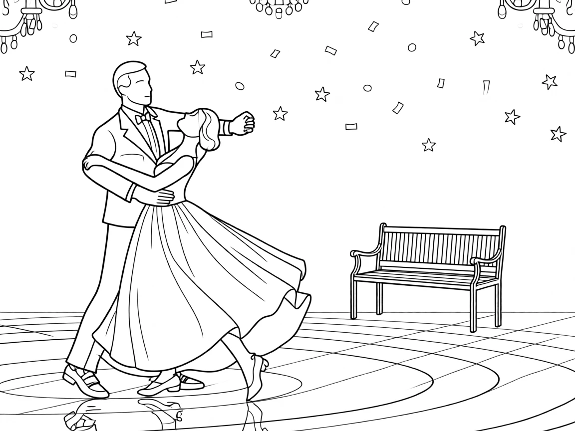A pair of ballroom dancers gliding across a polished floor, with confetti falling through the air.