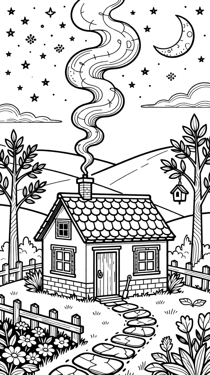A single trail of smoke rising from a chimney into a starry night.