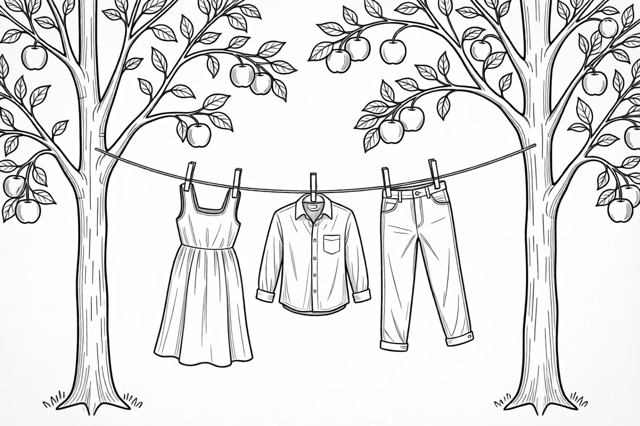 A rustic clothesline strung between two apple trees