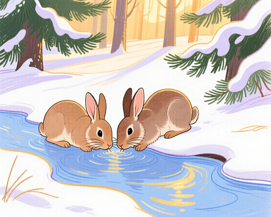A pair of rabbits drinking from a stream in a snowy pine forest during golden hour.