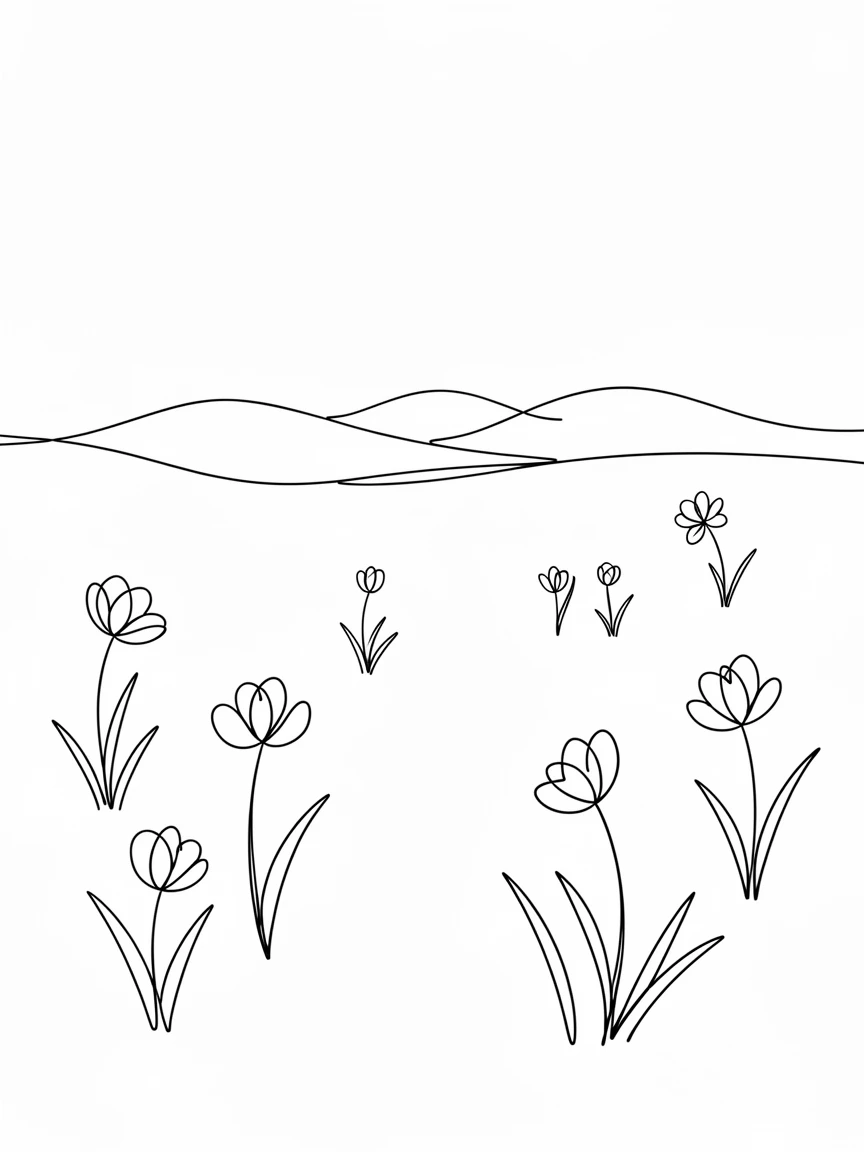 A vast tundra landscape dotted with scattered wildflowers in bloom