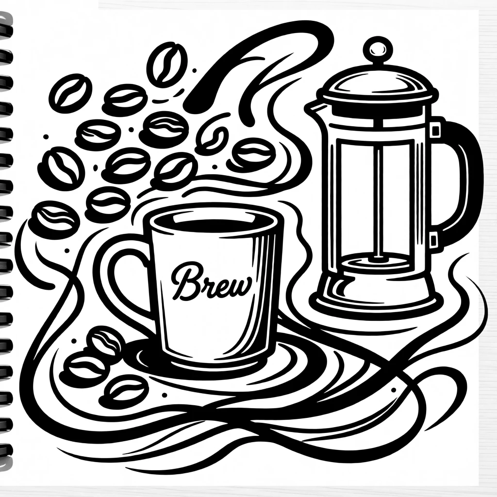 A flat lay of a coffee-lover's desk with beans, a mug, and a French press.