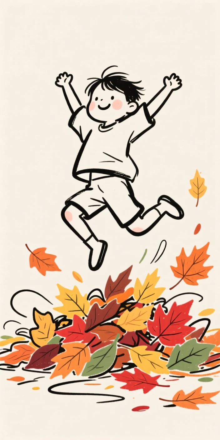 A child jumping joyfully into a pile of crunchy autumn leaves.
