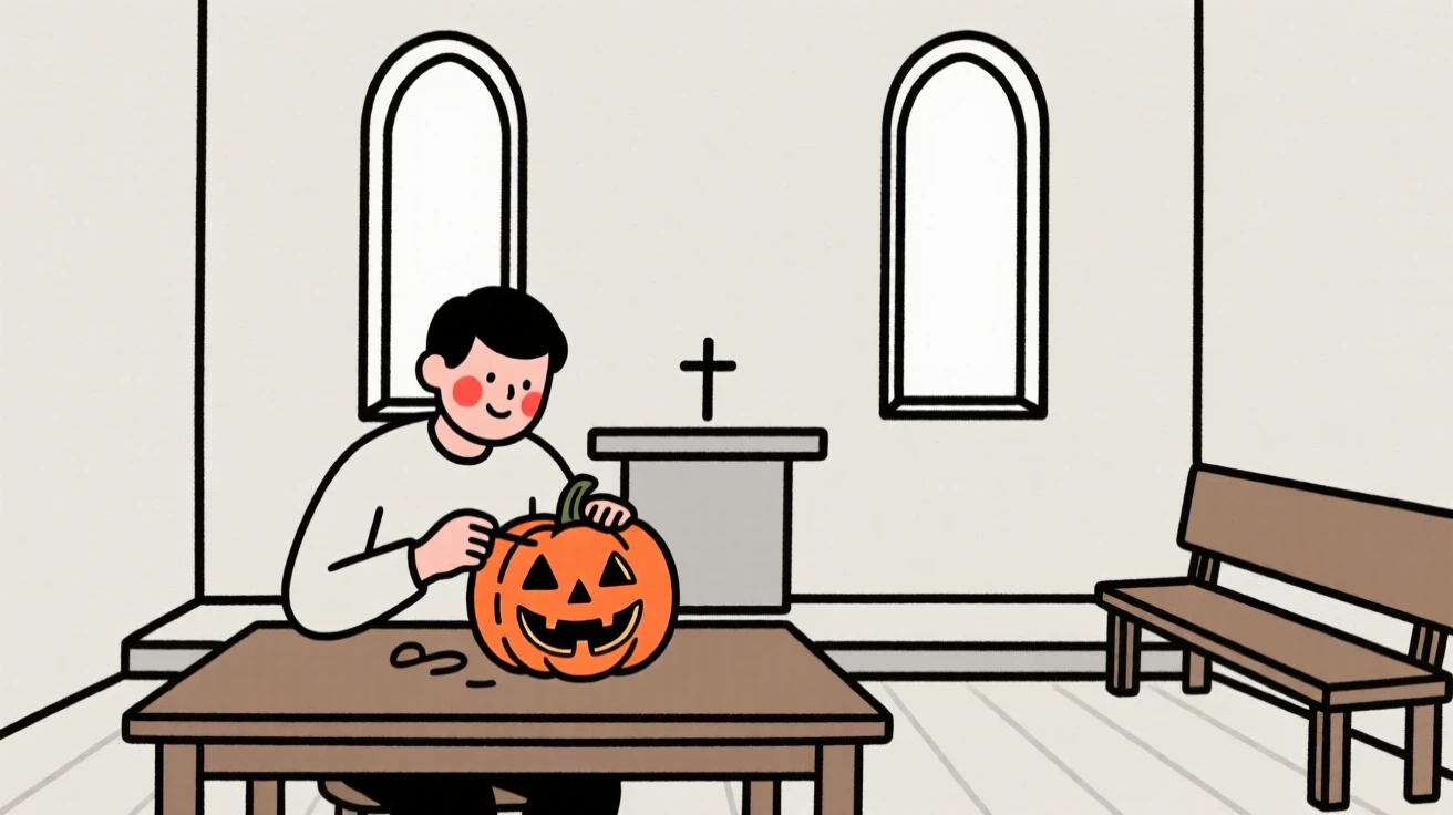 A father carving a pumpkin for Halloween, in a quiet chapel.