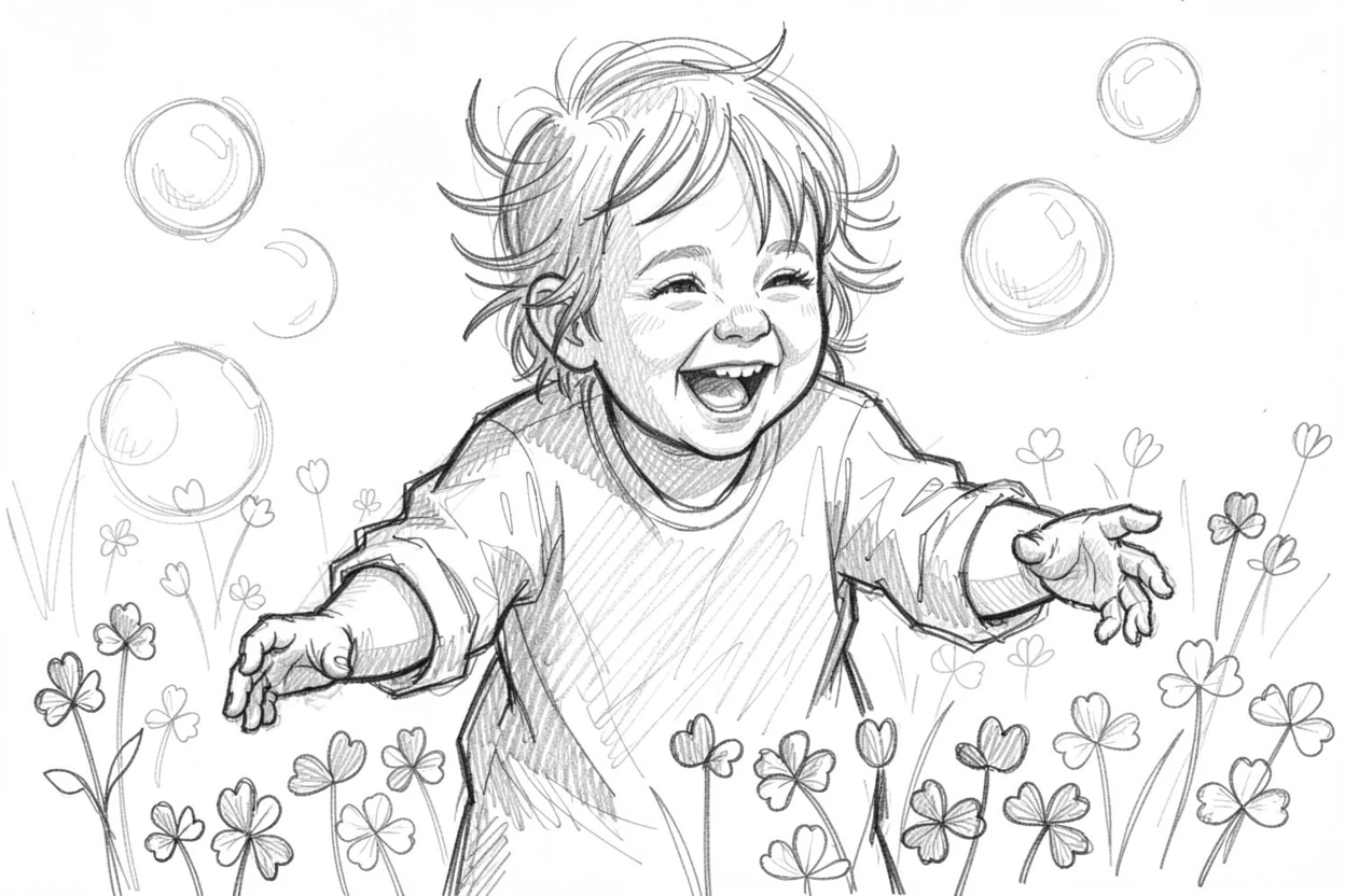 A charming close-up of a toddler giggling while chasing bubbles in a field of clover, with a playful, mischievous expression.