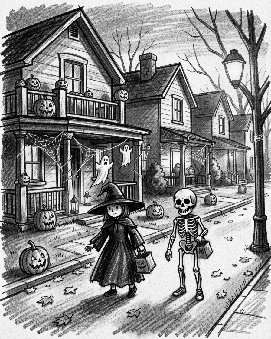 A Halloween trick-or-treat scene on a decorated suburban street, as soft candlelight flickers nearby.
