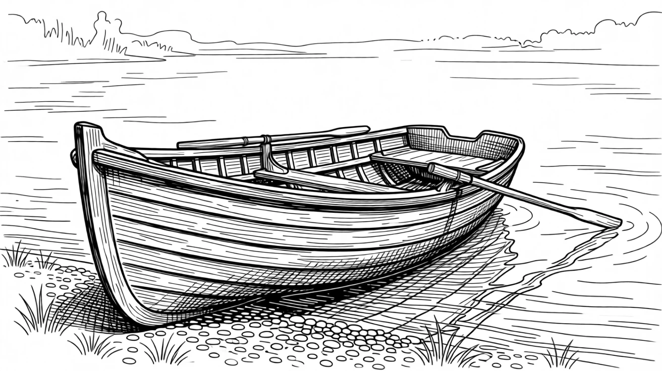 A single wooden rowboat resting quietly on the shore of a calm lake.