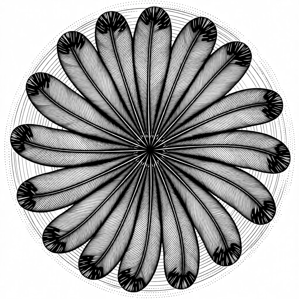 A circular composition of feathers arranged like a fan composed as a balanced repeating pattern, with a subtle repetition of shapes throughout, forming a classically refined decorative composition.