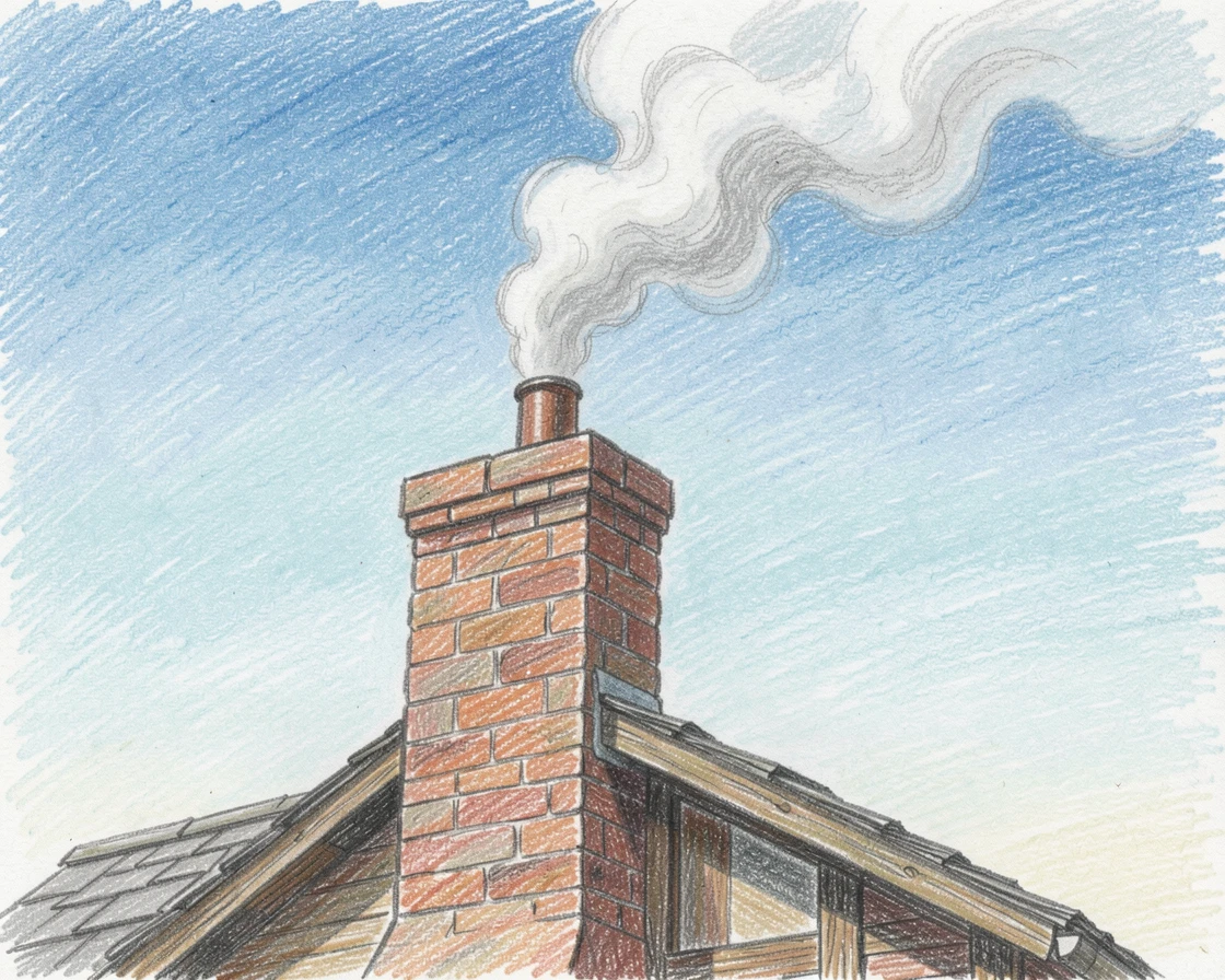 A rural smokestack farmhouse chimney puffing gently into a crisp sky, captured in a quiet, intimate moment full of atmosphere, full of charm, emotion, and visual delight.