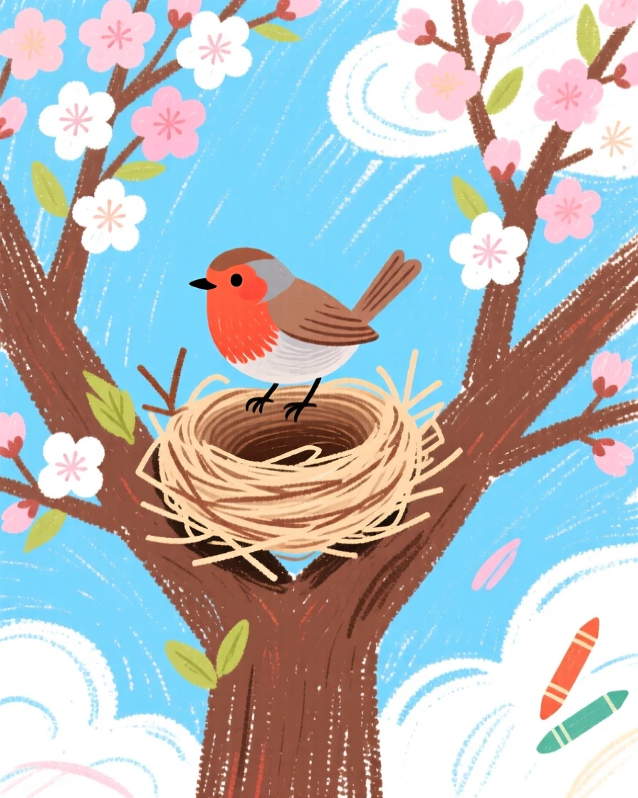 A robin building a nest in the fork of a blossoming tree.