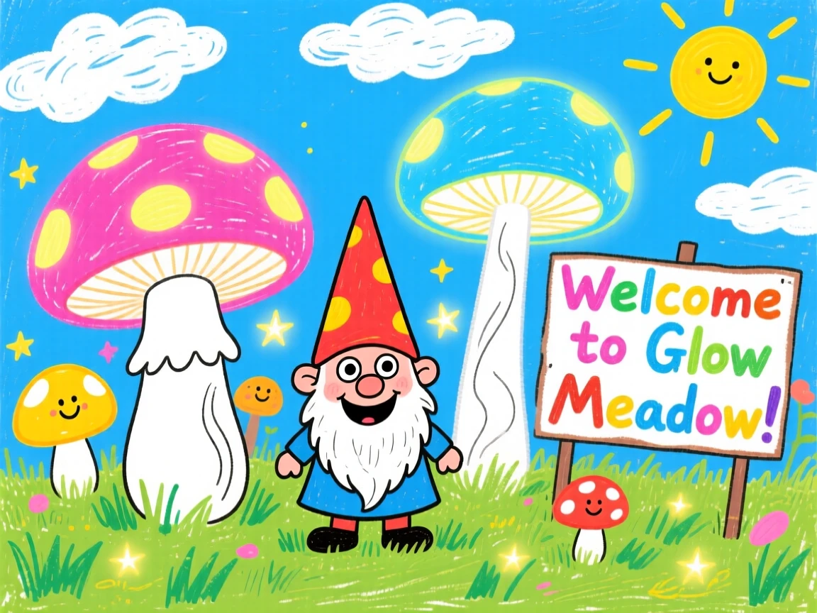 A mischievous garden gnome in a meadow of giant glowing mushrooms.