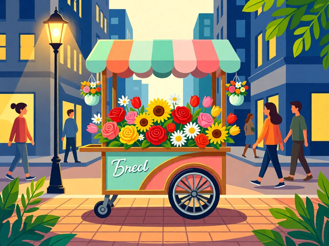 A stylish flower cart parked on a busy city corner, surrounded by soft golden evening city light, framed to capture authentic everyday urban charm, with vibrant, trendy colors that feel fresh and current.